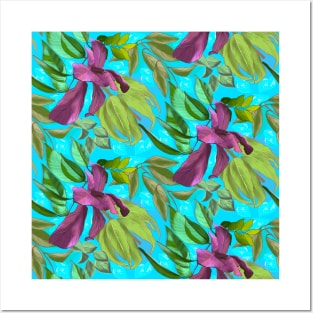 Blooming tropical flowers and leaves pattern floral illustration, aqua blue tropical pattern over a Posters and Art